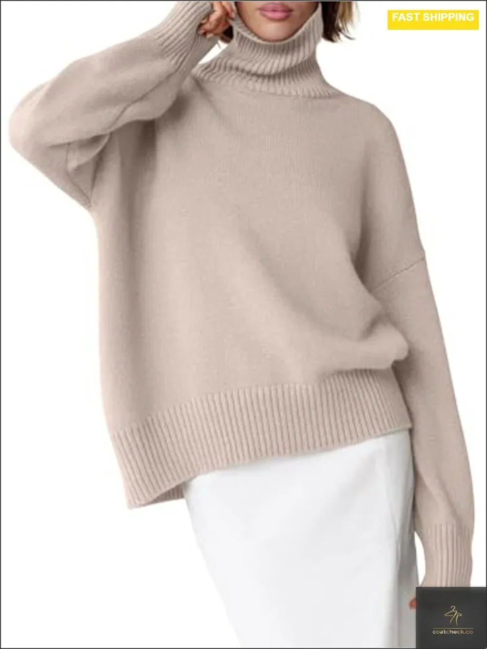Oversized Chunky Knit Turtleneck Sweater High Low Hem Pullover